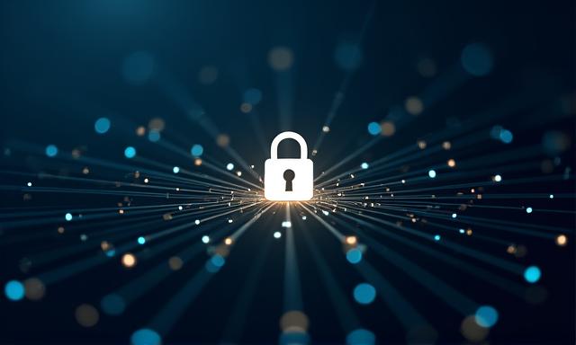 Abstract representation of secure data transmission with network lines and padlock icon
